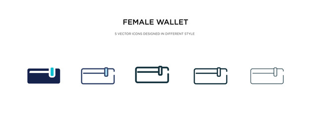 female wallet icon in different style vector illustration. two colored and black female wallet vector icons designed in filled, outline, line and stroke style can be used for web, mobile, ui