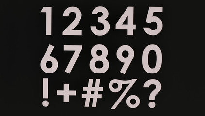 3d rendering of a Set of metal numbers with symbol. Number from 0 to 9 in chrome over black background