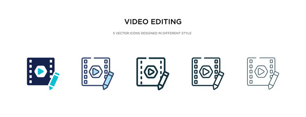 video editing icon in different style vector illustration. two colored and black video editing vector icons designed in filled, outline, line and stroke style can be used for web, mobile, ui