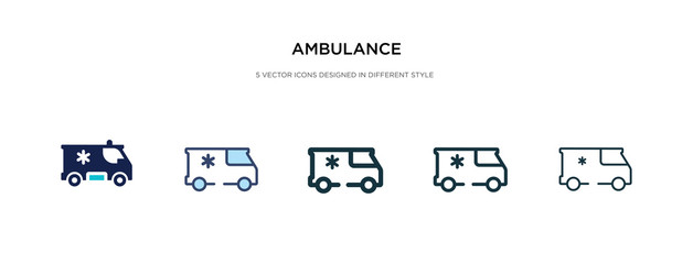 ambulance icon in different style vector illustration. two colored and black ambulance vector icons designed in filled, outline, line and stroke style can be used for web, mobile, ui © zaurrahimov