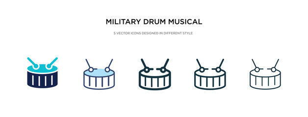 military drum musical instrument icon in different style vector illustration. two colored and black military drum musical instrument vector icons designed in filled, outline, line and stroke style