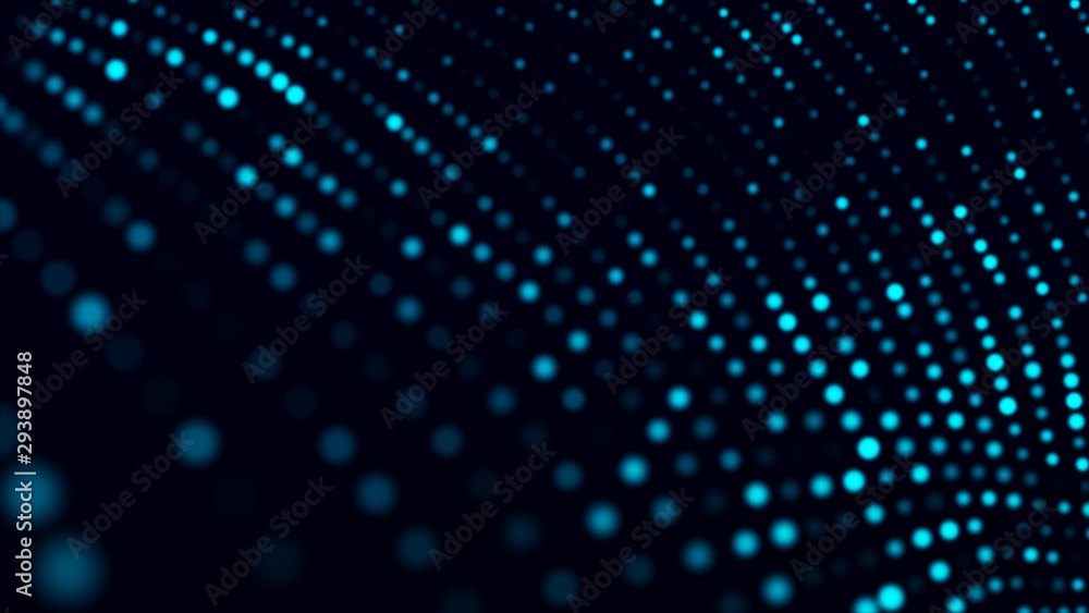 Poster Abstract background with the movement of luminous particles. Digital technology. 3D rendering.