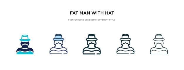 fat man with hat and moustache icon in different style vector illustration. two colored and black fat man with hat and moustache vector icons designed in filled, outline, line stroke style can be