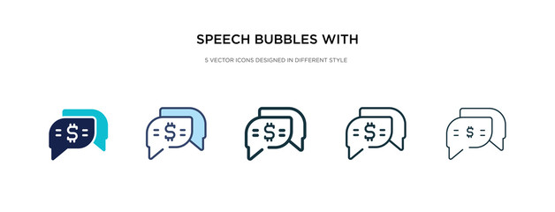 speech bubbles with dollar icon in different style vector illustration. two colored and black speech bubbles with dollar vector icons designed in filled, outline, line and stroke style can be used