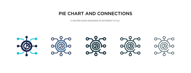 pie chart and connections icon in different style vector illustration. two colored and black pie chart and connections vector icons designed in filled, outline, line stroke style can be used for