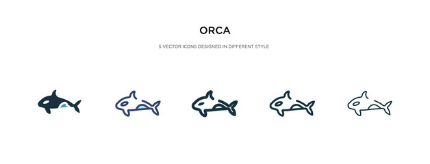 orca icon in different style vector illustration. two colored and black orca vector icons designed in filled, outline, line and stroke style can be used for web, mobile, ui - obrazy, fototapety, plakaty