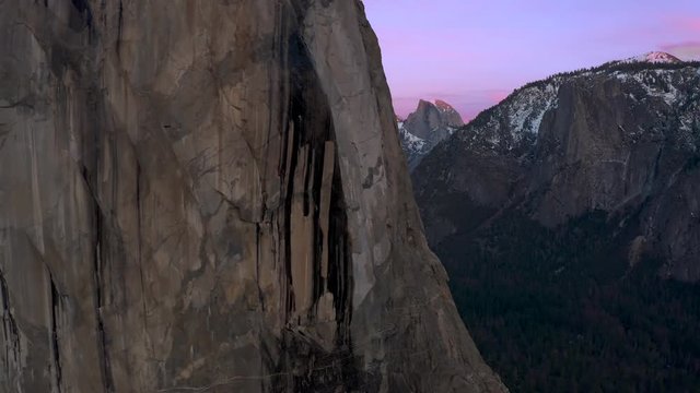 Aerial Panorama drone flight in Yosemite National Park valley at sunset, 4k