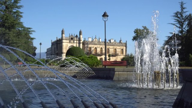 Fountain in front of the Dadiani Palace, Historical and Architectural Museum located inside a park in Zugdidi. Travel.