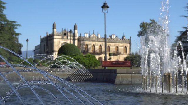 Fountain in front of the Dadiani Palace, Historical and Architectural Museum located inside a park in Zugdidi. Travel.
