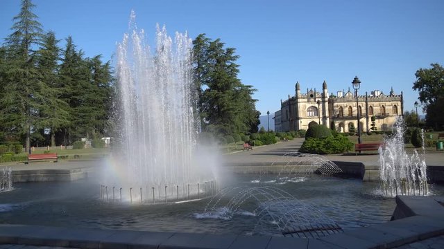 Fountain in front of the Dadiani Palace, Historical and Architectural Museum located inside a park in Zugdidi. Travel.