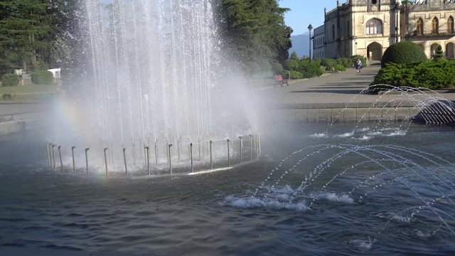 Fountain in front of the Dadiani Palace, Historical and Architectural Museum located inside a park in Zugdidi. Travel.