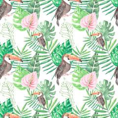 Tropics watercolor seamless pattern. With toucan bird. For printing and other purposes.