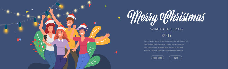 Merry christmas and Happy new year party and wearing santa claus hat. Web Landing page template for winter holidays.