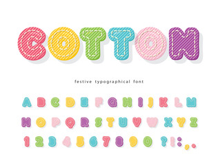 Cartoon colorful font for kids. Cotton texture alphabet. Cute decorative 3d ABC letters and numbers. Vector