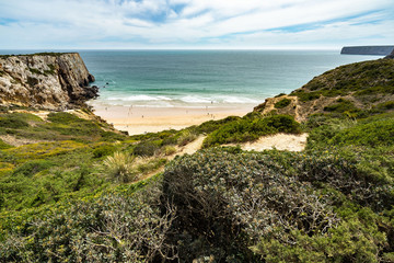Beautiful beach for surfers on Algarve coastline near Cabo Sao Vicente, Sagres, Portugal