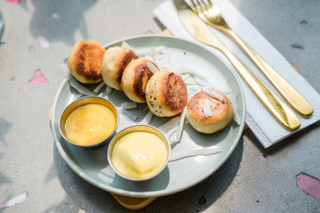 Vegan tofu baked cheese pancakes with mango