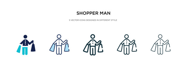 shopper man icon in different style vector illustration. two colored and black shopper man vector icons designed in filled, outline, line and stroke style can be used for web, mobile, ui