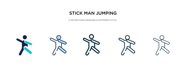 stick man jumping icon in different style vector illustration. two colored and black stick man jumping vector icons designed in filled, outline, line and stroke style can be used for web, mobile, ui
