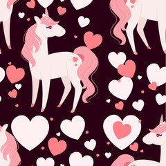 Fototapeta na wymiar Seamless pattern of magic mythical animal from fairy tale pink unicorn cartoon animal design flat vector illustration on dark background