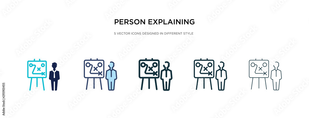 Poster person explaining strategy on a board with a sketch icon in different style vector illustration. two