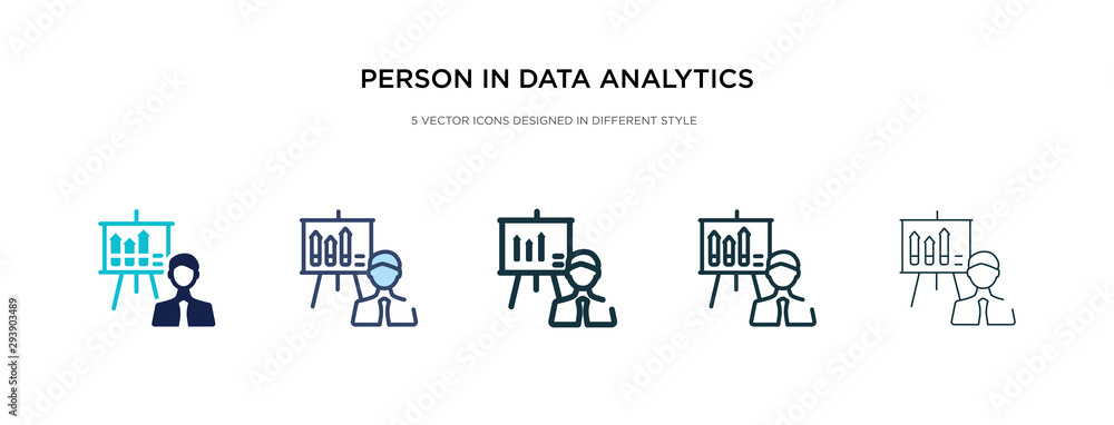 Poster person in data analytics presentation with a graphic on a screen icon in different style vector illu