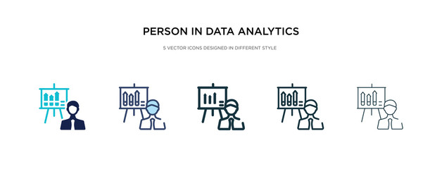 person in data analytics presentation with a graphic on a screen icon in different style vector illustration. two colored and black person in data analytics presentation with a graphic on screen