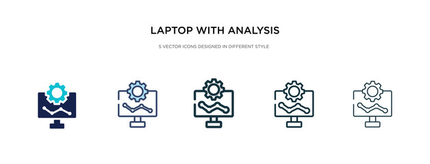 laptop with analysis icon in different style vector illustration. two colored and black laptop with analysis vector icons designed in filled, outline, line and stroke style can be used for web,