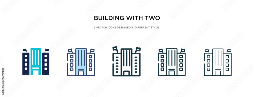 Poster building with two flags icon in different style vector illustration. two colored and black building 