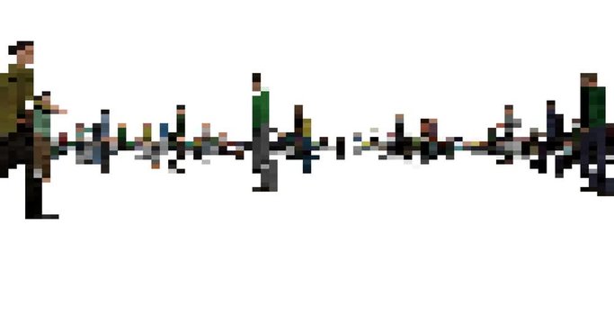 City lifestyle 8 bit animation. People walking and running in different directions side view footage. Downtown haste concept. Pedestrian, men and women hurrying to work. Urban rush hour video