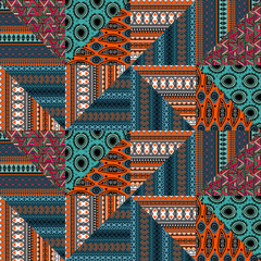 Etnische naadloze patroon met driehoek strepen decoratie, Hand getrokken sieraad tribal doodle geometrisch abstract ontwerp vectorillustratie multicolor.