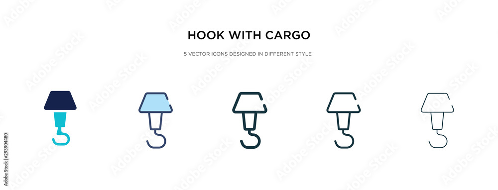 Poster hook with cargo icon in different style vector illustration. two colored and black hook with cargo v