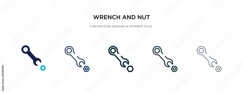 Poster wrench and nut icon in different style vector illustration. two colored and black wrench and nut vec