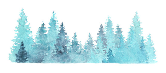 Beautiful watercolor coniferous forest illustration, Christmas fir trees, winter nature, holiday background, conifer, snow, outdoor, snowy rural landscape.  © BloomPix