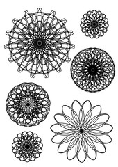 Geometric Vintage Spiral Mandala Indie Style Flower Shape Ink Vector Monochrome Illustration in Set of 6