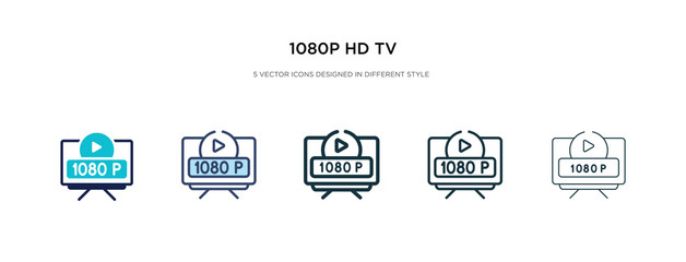 1080p hd tv icon in different style vector illustration. two colored and black 1080p hd tv vector icons designed in filled, outline, line and stroke style can be used for web, mobile, ui