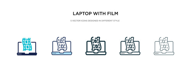 laptop with film strip icon in different style vector illustration. two colored and black laptop with film strip vector icons designed in filled, outline, line and stroke style can be used for web,