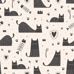 Modèle sans couture de mignons chats noirs avec un style enfantin dessiné à la main. Design tendance vintage illustration vectorielle.