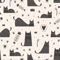 Stof per meter Katten Leuk zwart katten naadloos patroon met hand getrokken kinderachtige stijl. Vector illustratie vintage trendy design.