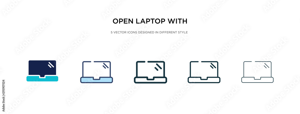Poster open laptop with shining screen icon in different style vector illustration. two colored and black o