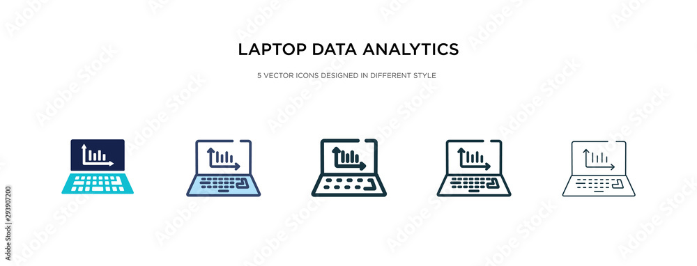 Poster laptop data analytics graphic on screen with circles icon in different style vector illustration. tw