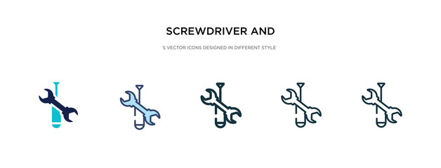 Obraz premium screwdriver and doble wrench icon in different style vector illustration. two colored and black screwdriver and doble wrench vector icons designed in filled, outline, line stroke style can be used