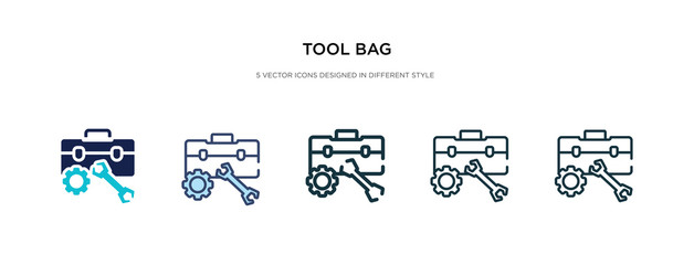 tool bag icon in different style vector illustration. two colored and black tool bag vector icons designed in filled, outline, line and stroke style can be used for web, mobile, ui