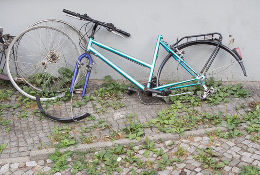 BERLIN, GERMANY - JULY 6, 2016: Stolen: Bicycle without tires and saddle