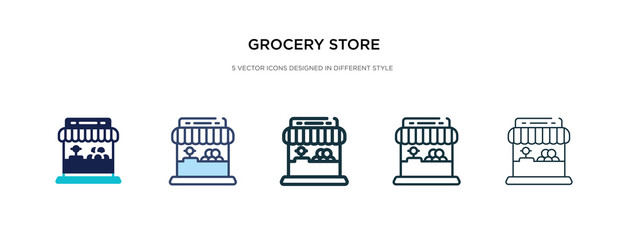 grocery store icon in different style vector illustration. two colored and black grocery store vector icons designed in filled, outline, line and stroke style can be used for web, mobile, ui