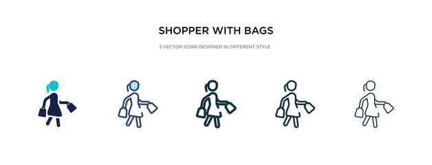 shopper with bags icon in different style vector illustration. two colored and black shopper with bags vector icons designed in filled, outline, line and stroke style can be used for web, mobile, ui