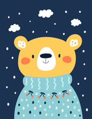 Cute baby teddy bear in knitted sweater. Winter season, snowflakes.  Festive illustration for new year 2020, Christmas and holidays. Childish cute cartoon animals, vector hand drawn in flat style