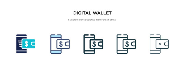 digital wallet icon in different style vector illustration. two colored and black digital wallet vector icons designed in filled, outline, line and stroke style can be used for web, mobile, ui