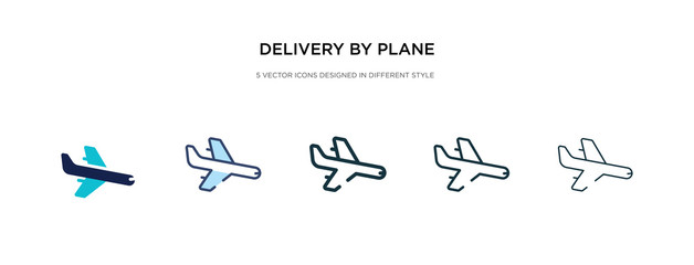 Obraz premium delivery by plane icon in different style vector illustration. two colored and black delivery by plane vector icons designed in filled, outline, line and stroke style can be used for web, mobile, ui