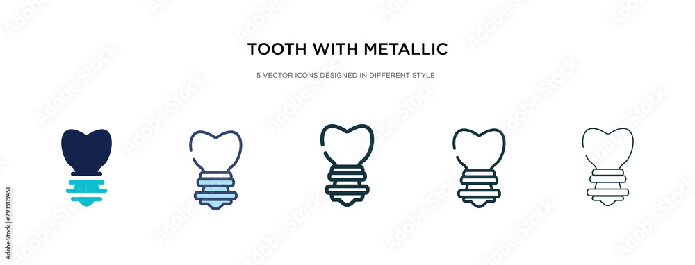 Poster tooth with metallic root icon in different style vector illustration. two colored and black tooth wi