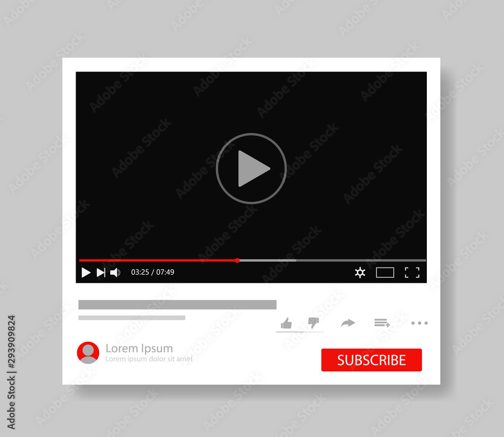 Aufkleber frame video player interface. design mockup video channel pc. tube window template with subscribe fo